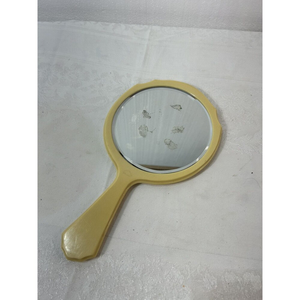 Vintage Art Deco Oval Ivory Pyralin Celluloid Handheld Vanity Dresser Mirror